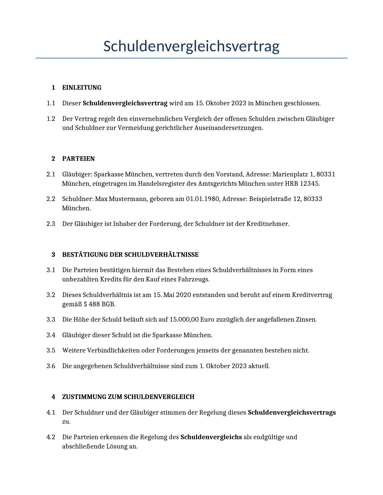 Beispiel für einen Schuldenvergleichsvertrag zur Verwendung in Deutschland, generiert von unserem KI-Modell.