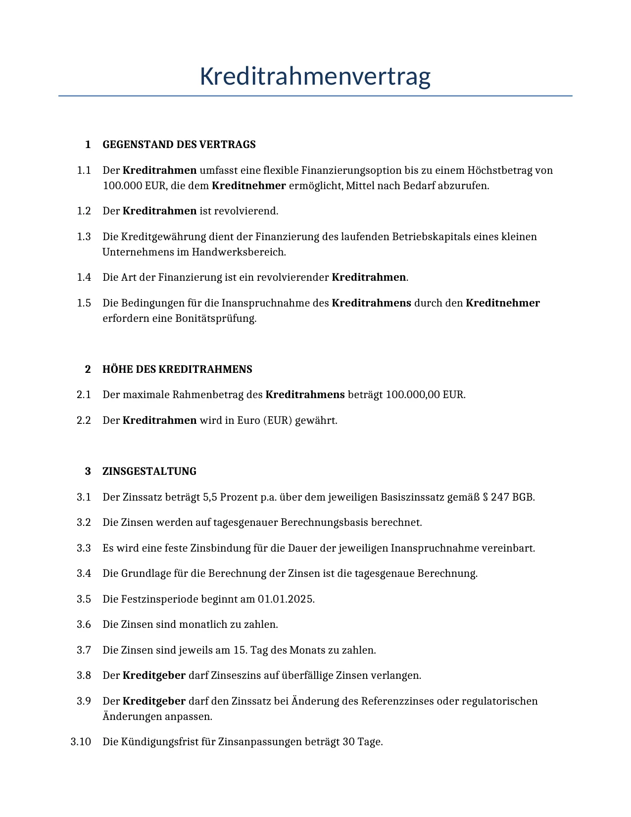 Beispiel für einen Kreditrahmenvertrag zur Verwendung in Deutschland, generiert von unserem KI-Modell.