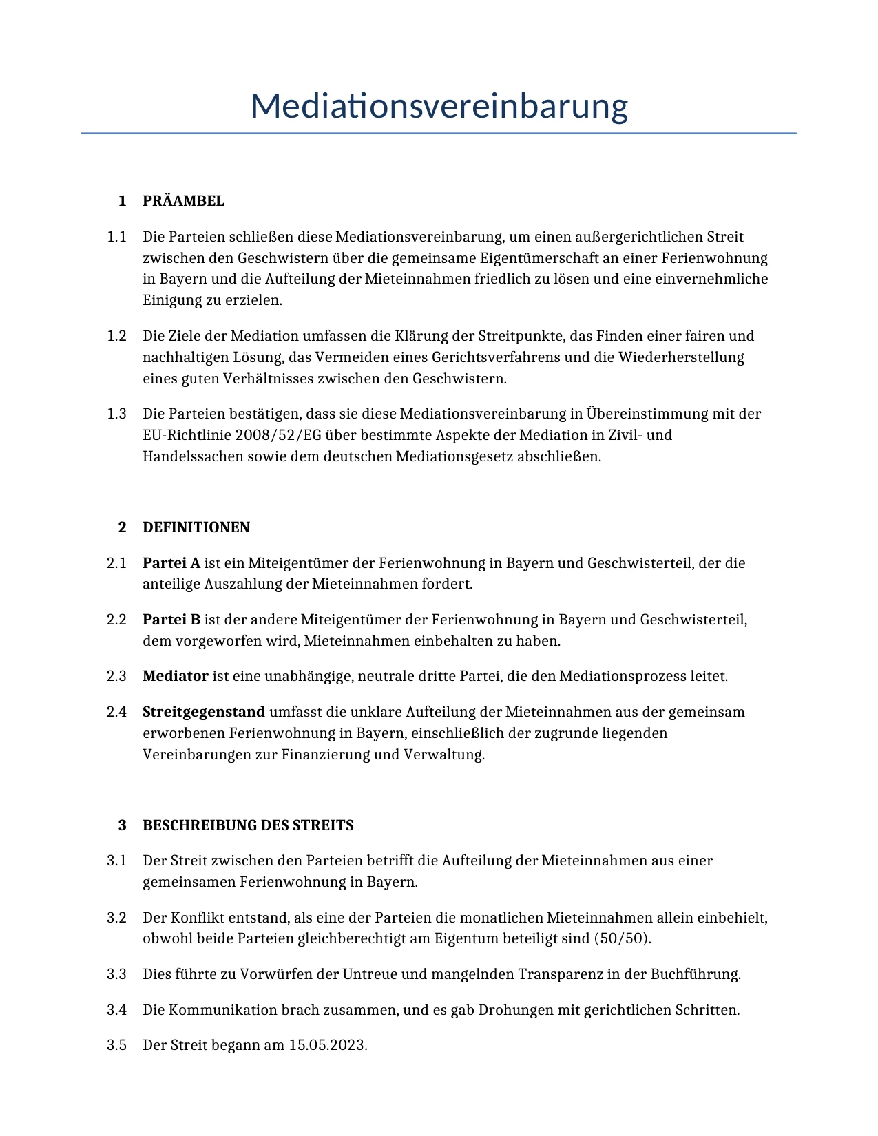 Beispiel für einen Mediationsvereinbarung zur Verwendung in Deutschland, generiert von unserem KI-Modell.