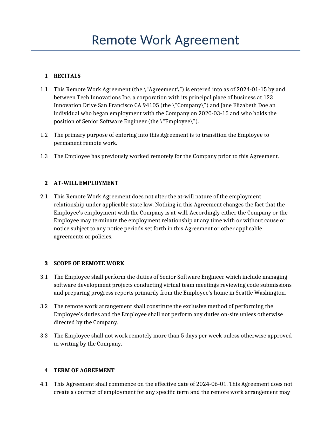 Example of a Remote Work Agreement for use in the United States</b> generated by our AI model. 