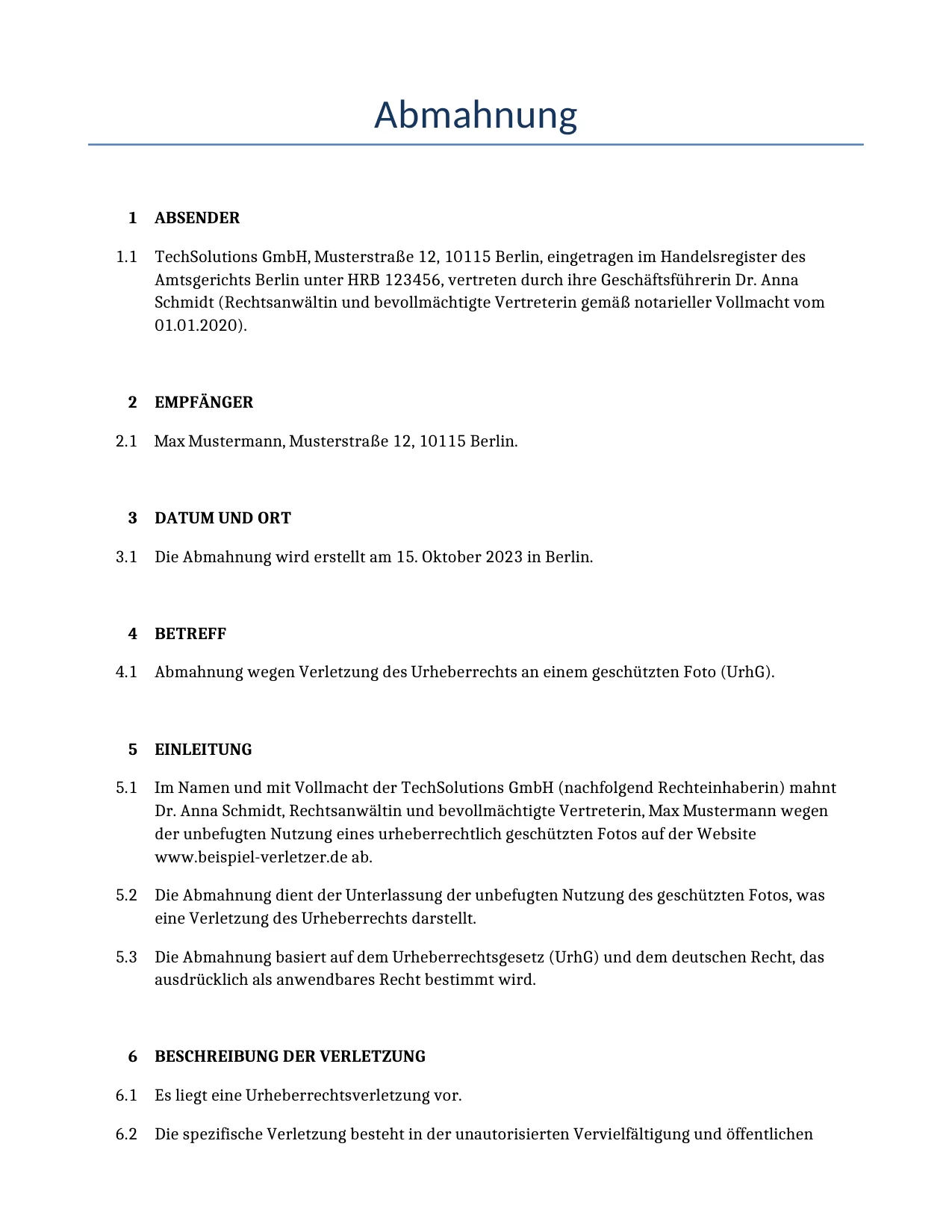 Beispiel für einen Abmahnung zur Verwendung in Deutschland, generiert von unserem KI-Modell.