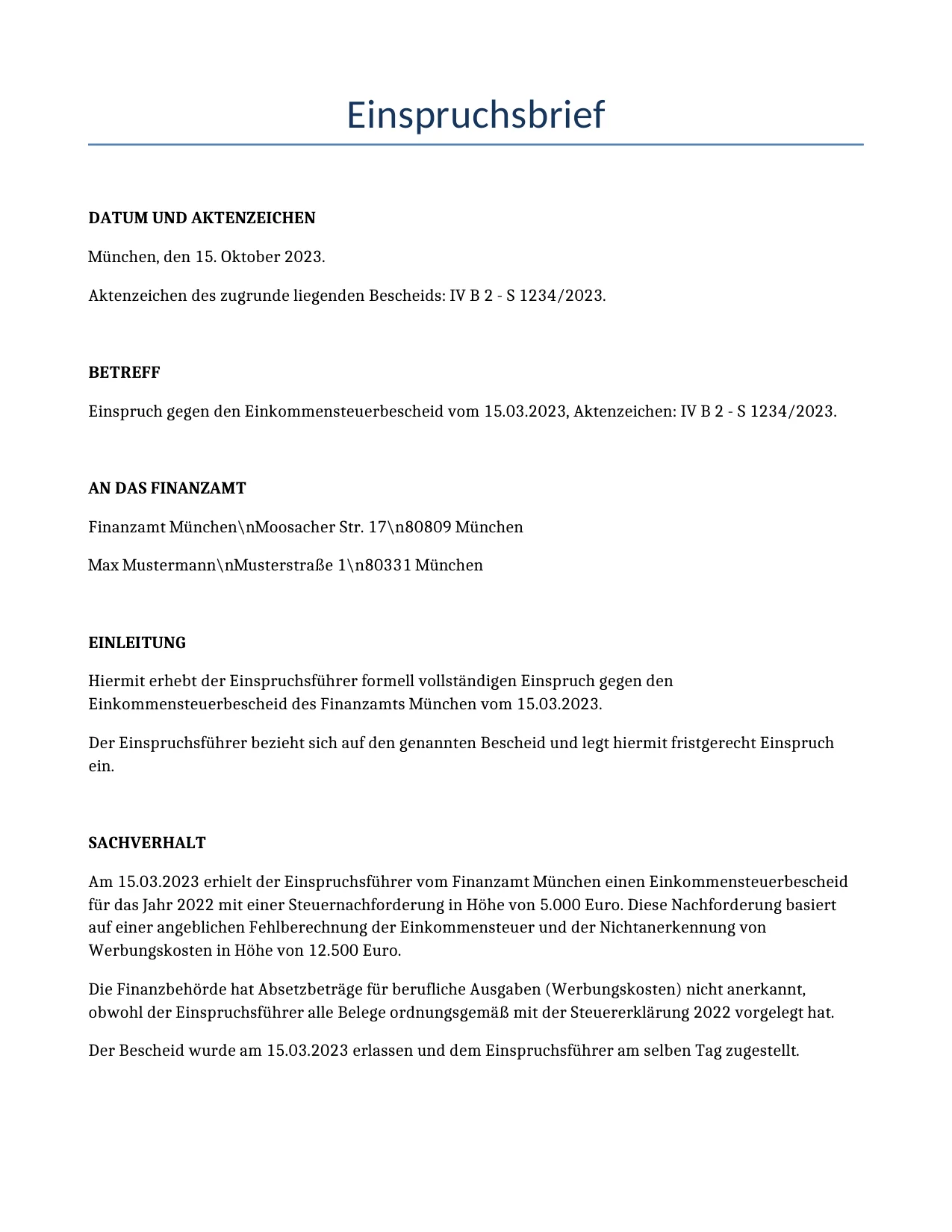 Beispiel für einen Einspruchsbrief zur Verwendung in Deutschland, generiert von unserem KI-Modell.