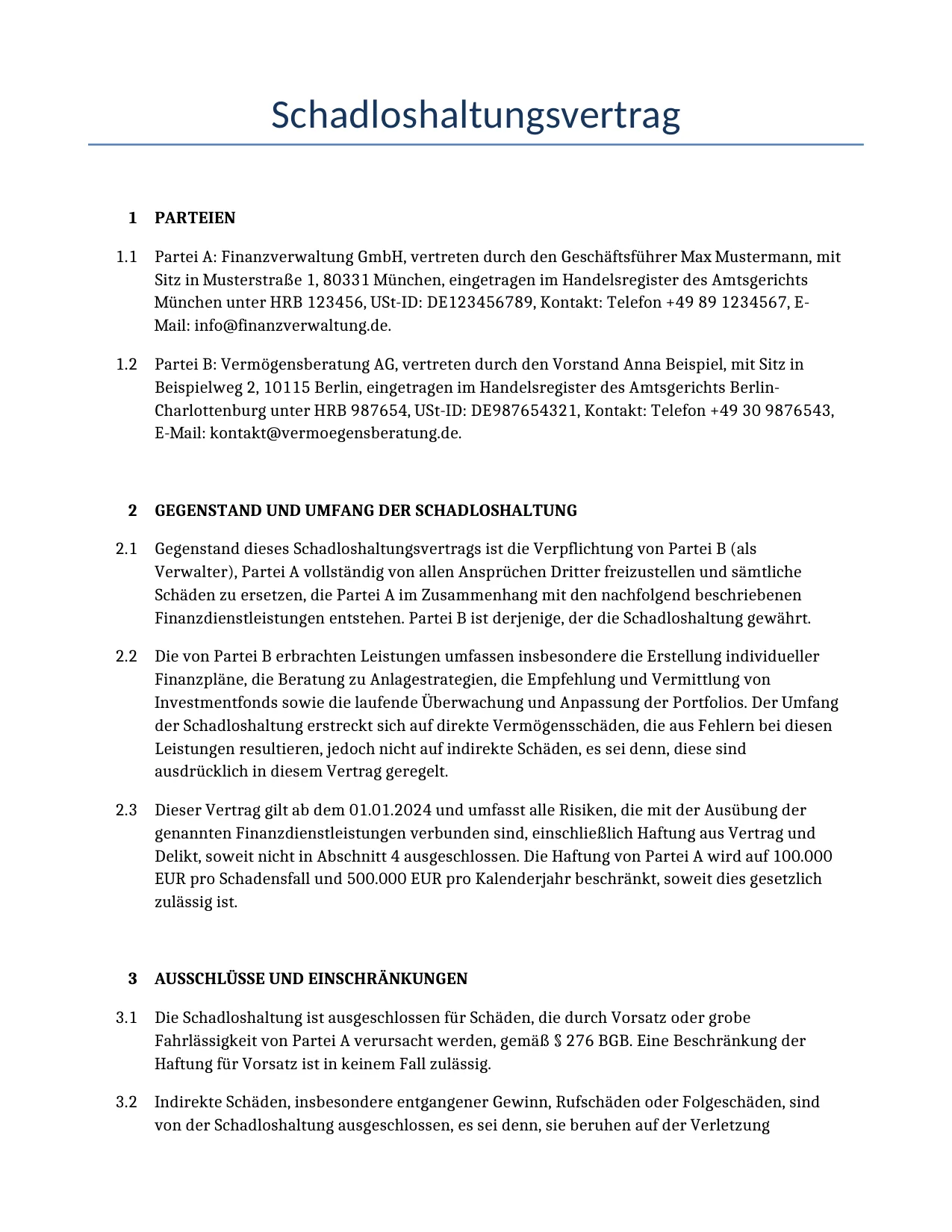 Beispiel für einen Schadloshaltungsvertrag zur Verwendung in Deutschland, generiert von unserem KI-Modell.