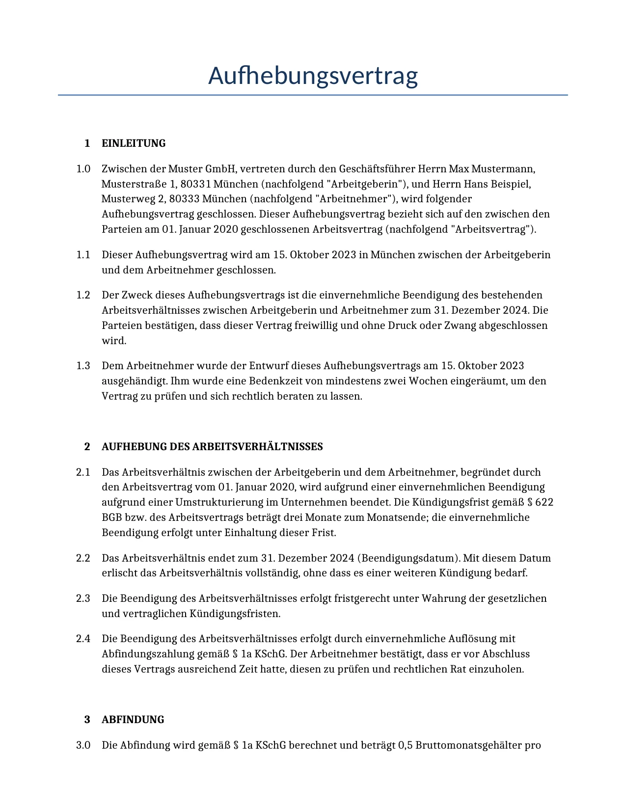 Beispiel für einen Aufhebungsvertrag zur Verwendung in Deutschland, generiert von unserem KI-Modell.