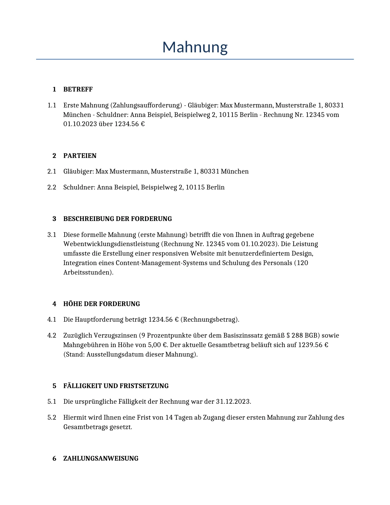 Beispiel für einen Mahnung zur Verwendung in Deutschland, generiert von unserem KI-Modell.