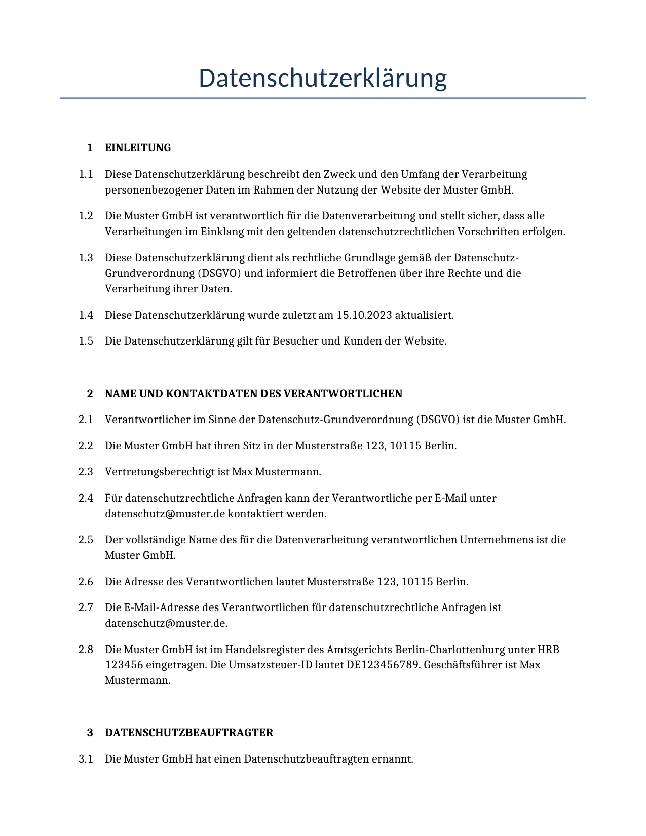 Beispiel für einen Datenschutzerklärung zur Verwendung in Deutschland, generiert von unserem KI-Modell.