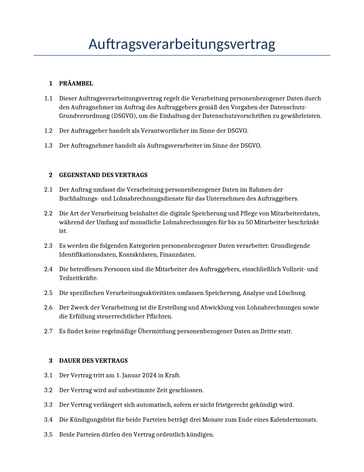 Beispiel für einen Auftragsverarbeitungsvertrag zur Verwendung in Deutschland, generiert von unserem KI-Modell.