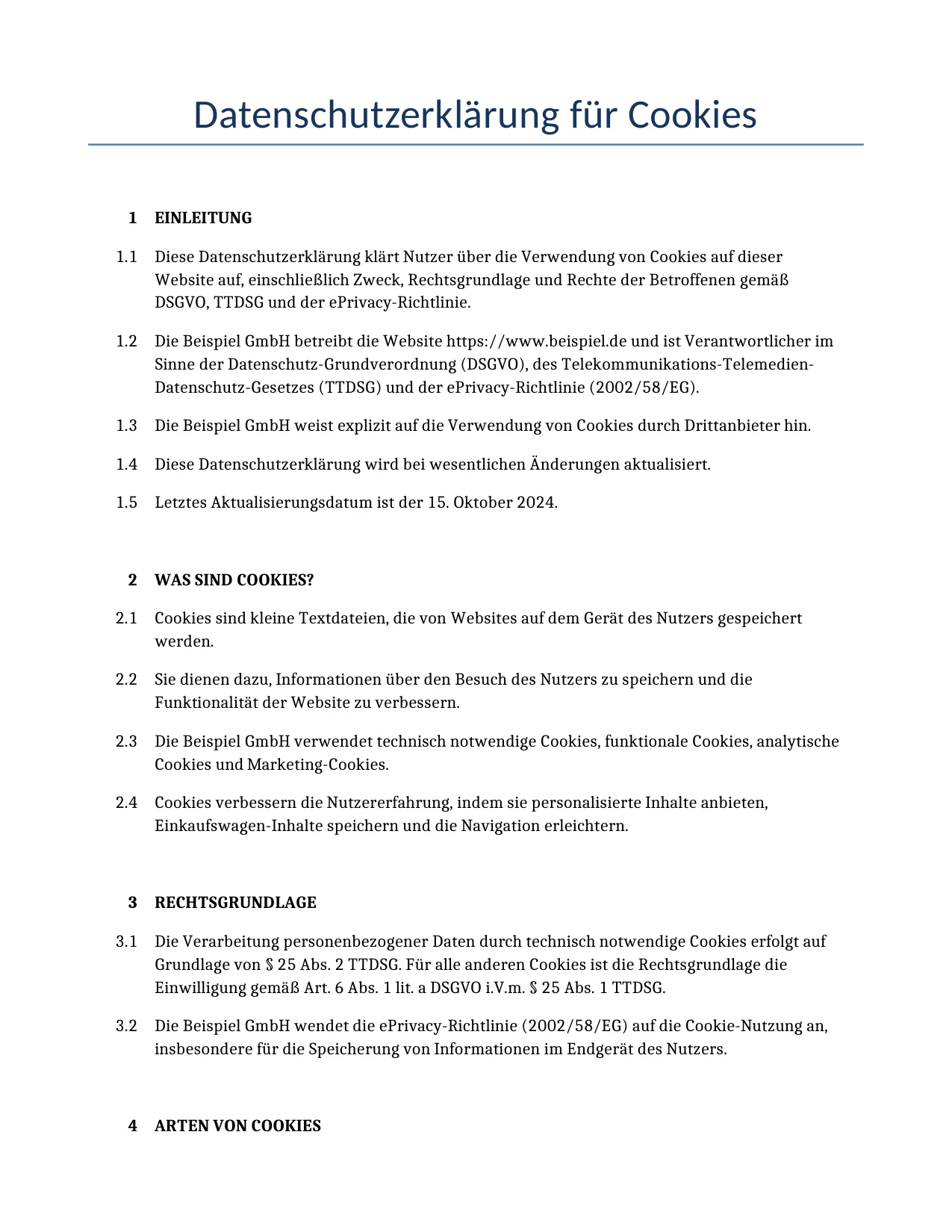 Beispiel für einen Datenschutzerklärung für Cookies zur Verwendung in Deutschland, generiert von unserem KI-Modell.