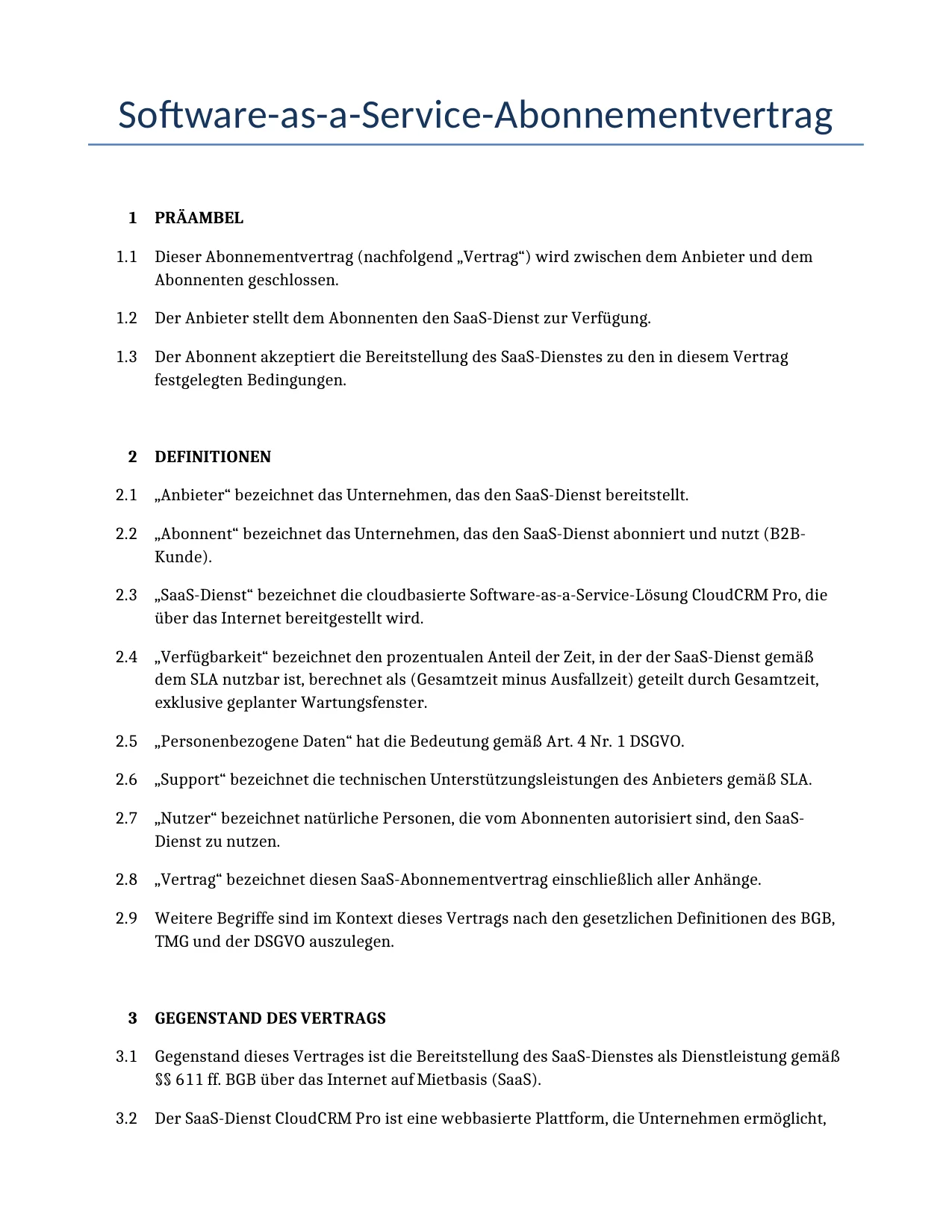 Beispiel für einen Software-as-a-Service-Abonnementvertrag zur Verwendung in Deutschland, generiert von unserem KI-Modell.