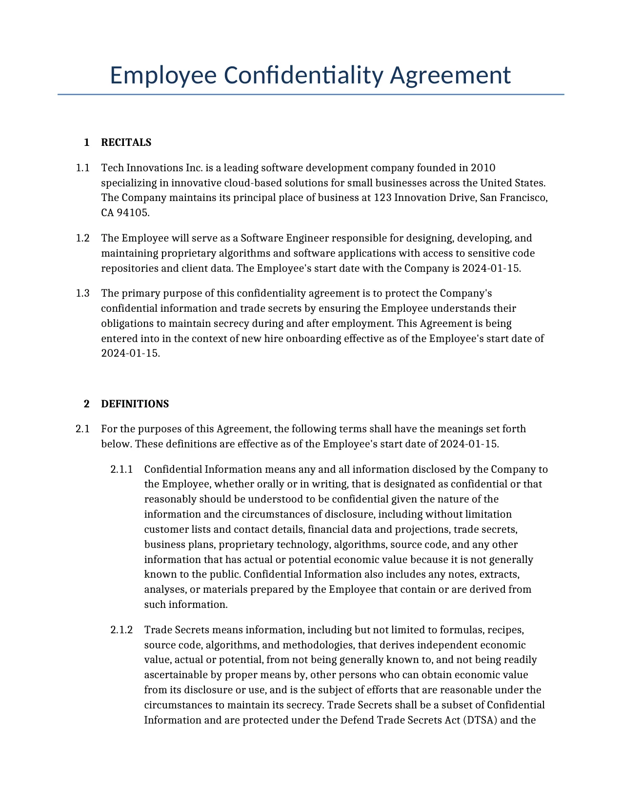 Example of a Employee Confidentiality Agreement for use in the United States</b> generated by our AI model. 