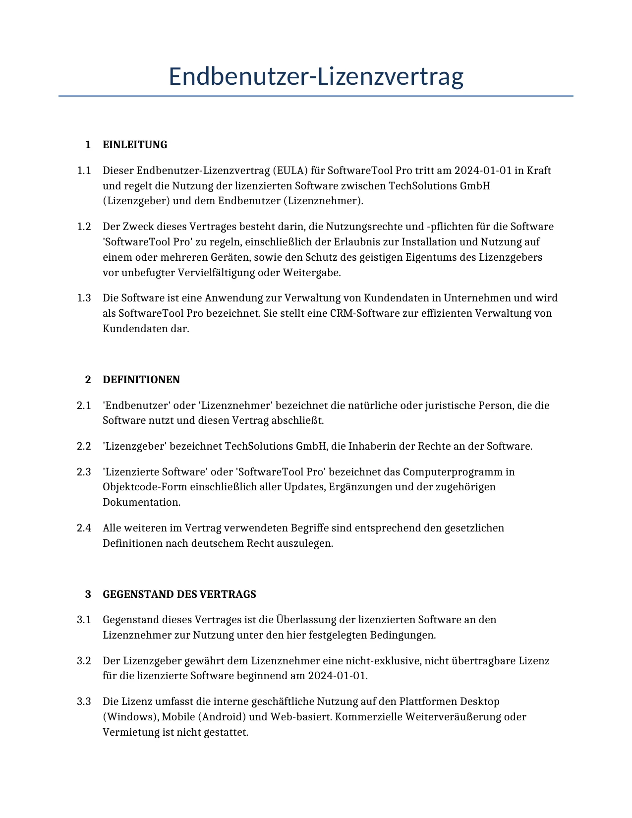 Beispiel für einen Endbenutzer-Lizenzvertrag zur Verwendung in Deutschland, generiert von unserem KI-Modell.