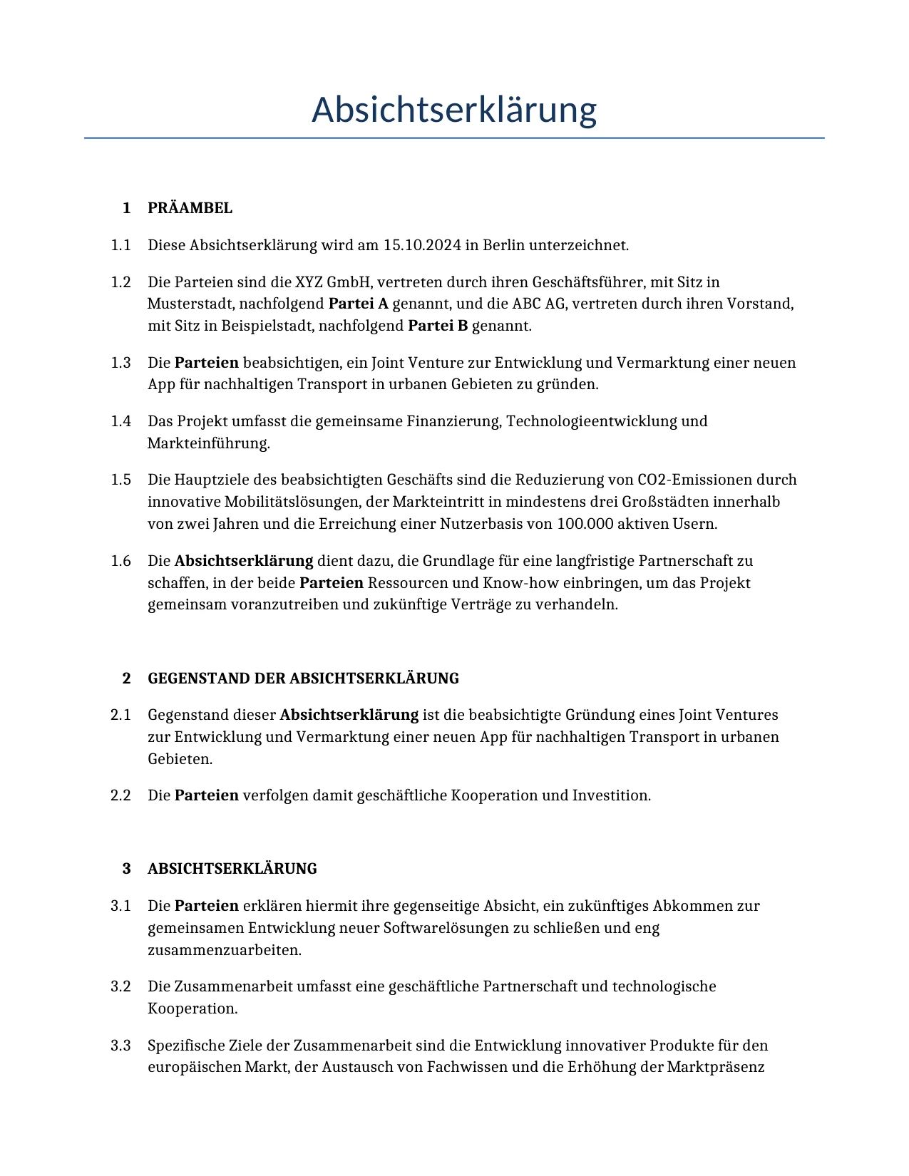 Beispiel für einen Absichtserklärung zur Verwendung in Deutschland, generiert von unserem KI-Modell.