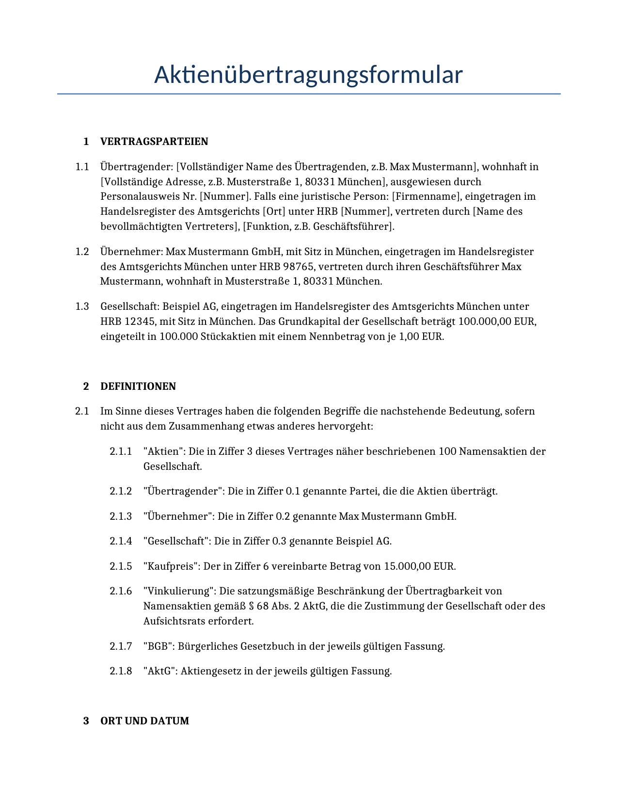 Beispiel für einen Aktienübertragungsformular zur Verwendung in Deutschland, generiert von unserem KI-Modell.