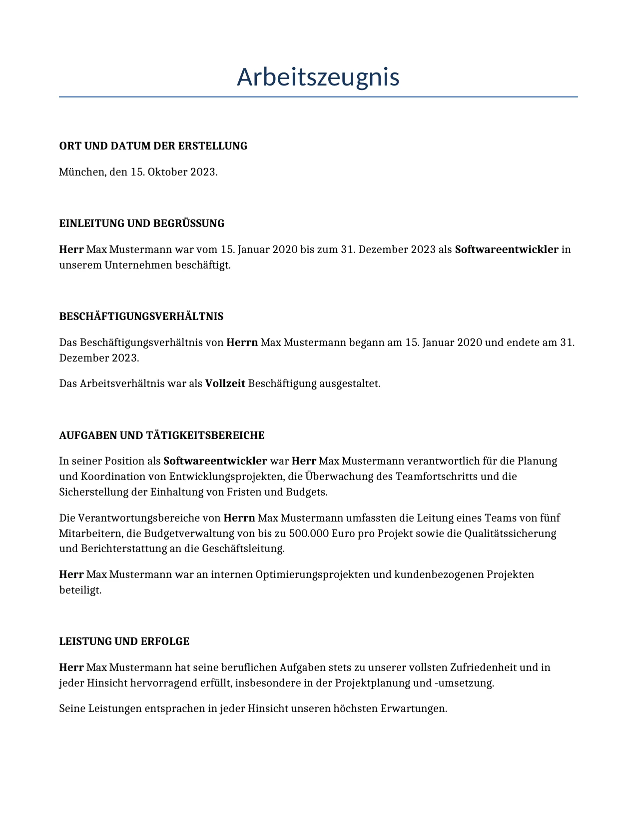 Beispiel für einen Arbeitszeugnis zur Verwendung in Deutschland, generiert von unserem KI-Modell.