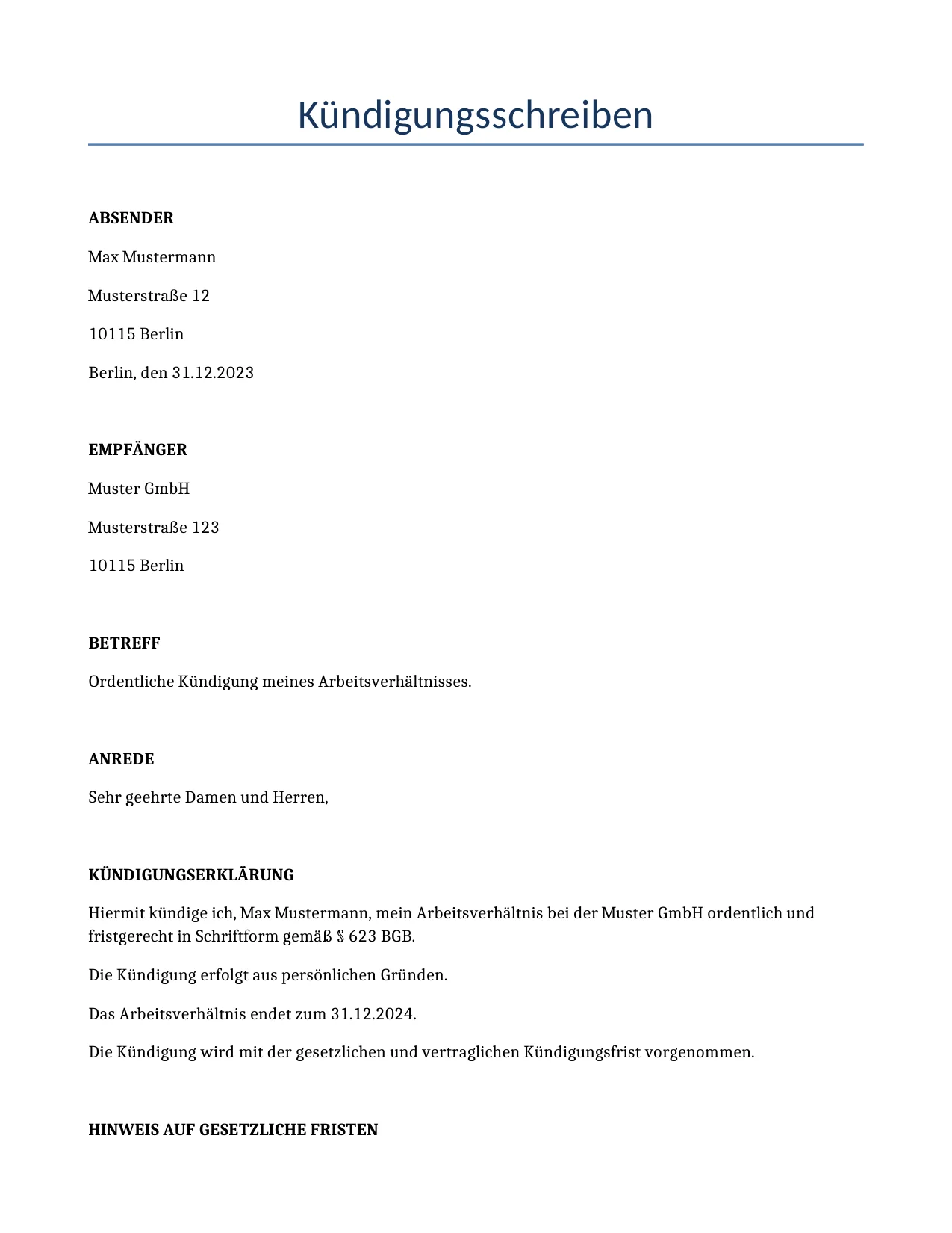 Beispiel für einen Kündigungsschreiben zur Verwendung in Deutschland, generiert von unserem KI-Modell.
