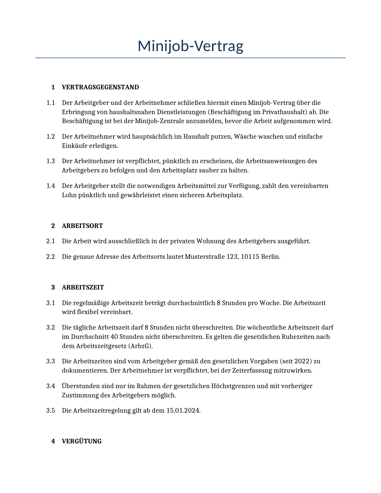 Beispiel für einen Minijob-Vertrag zur Verwendung in Deutschland, generiert von unserem KI-Modell.