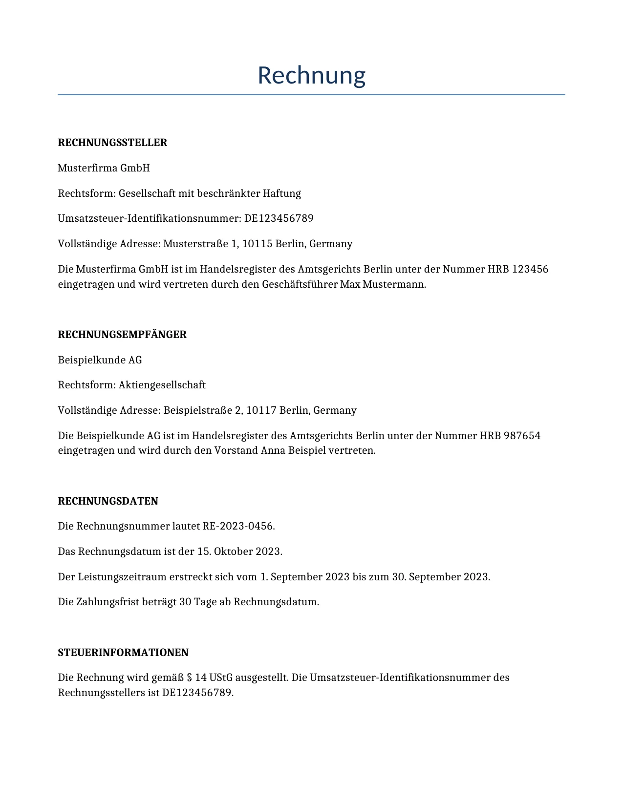 Beispiel für einen Rechnung zur Verwendung in Deutschland, generiert von unserem KI-Modell.