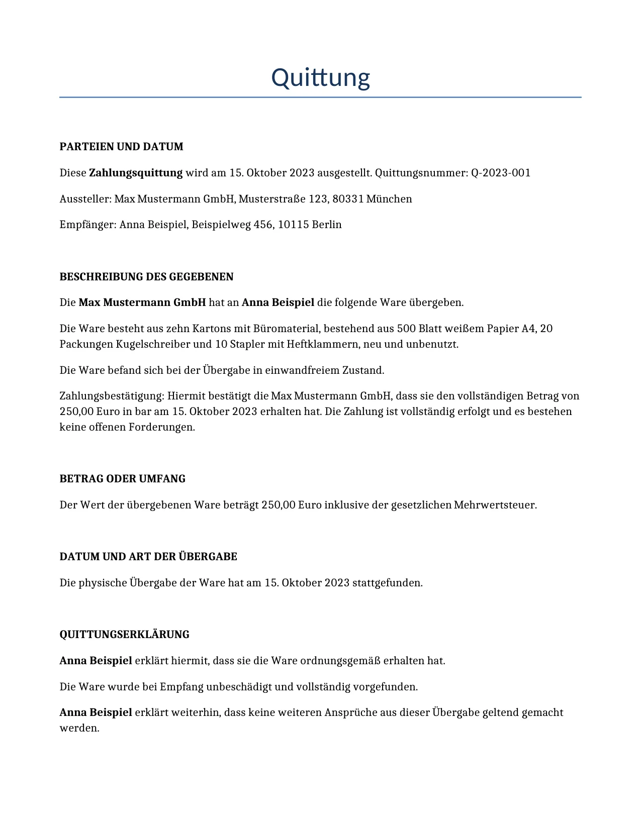 Beispiel für einen Quittung zur Verwendung in Deutschland, generiert von unserem KI-Modell.