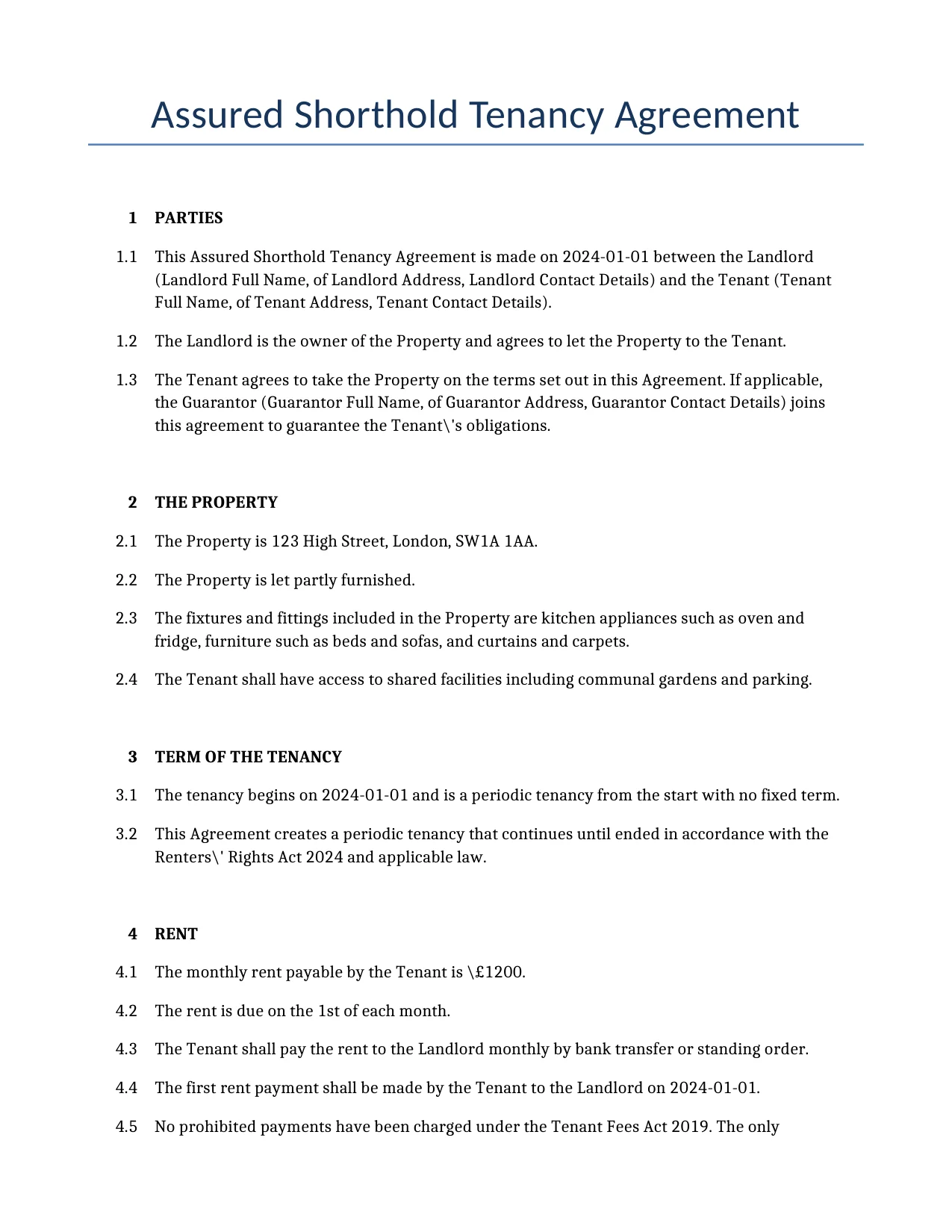 Example of a Assured Shorthold Tenancy Agreement for use in the United Kingdom</b> generated by our AI model.