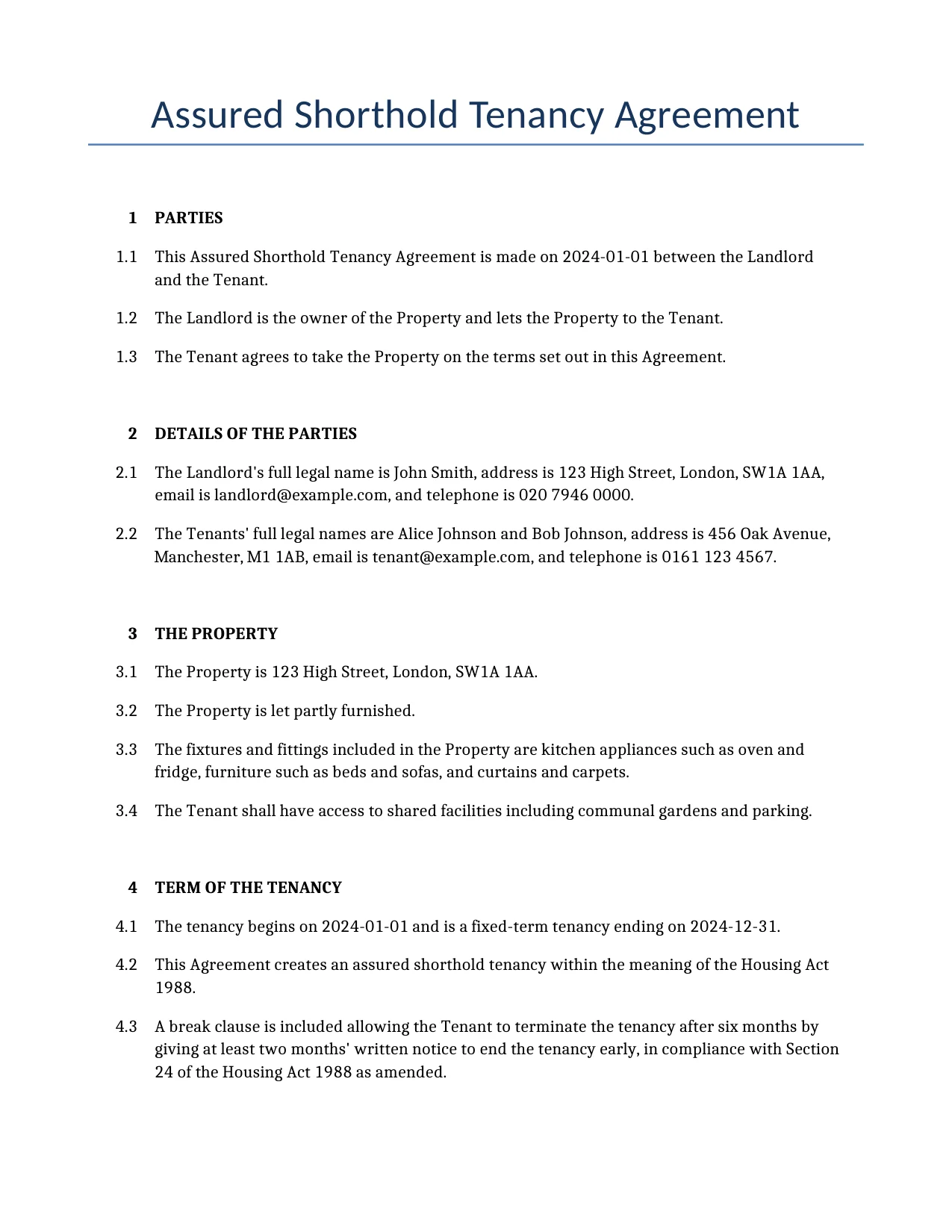 Example of a Assured Shorthold Tenancy Agreement for use in the United Kingdom</b> generated by our AI model. 