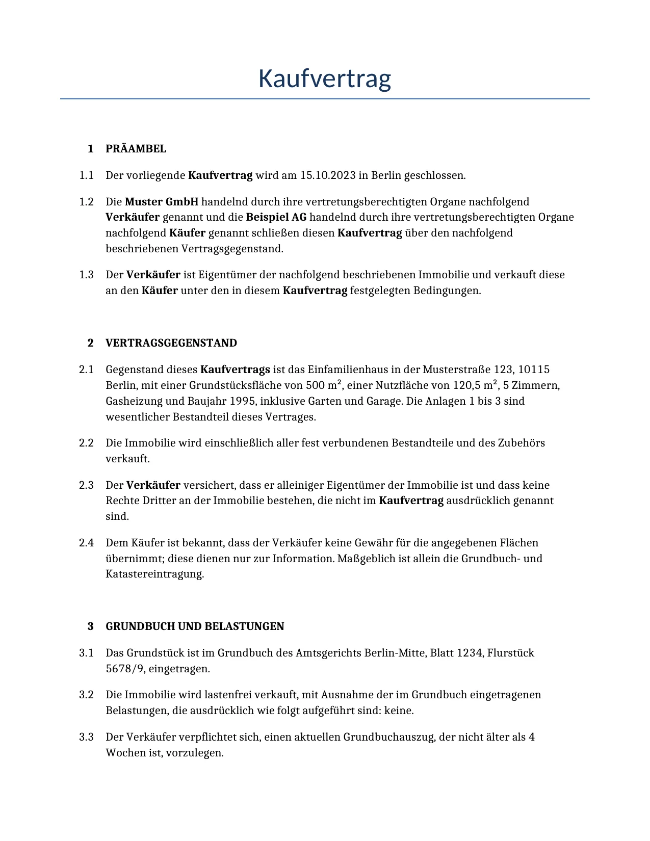 Beispiel für einen Kaufvertrag zur Verwendung in Deutschland, generiert von unserem KI-Modell.