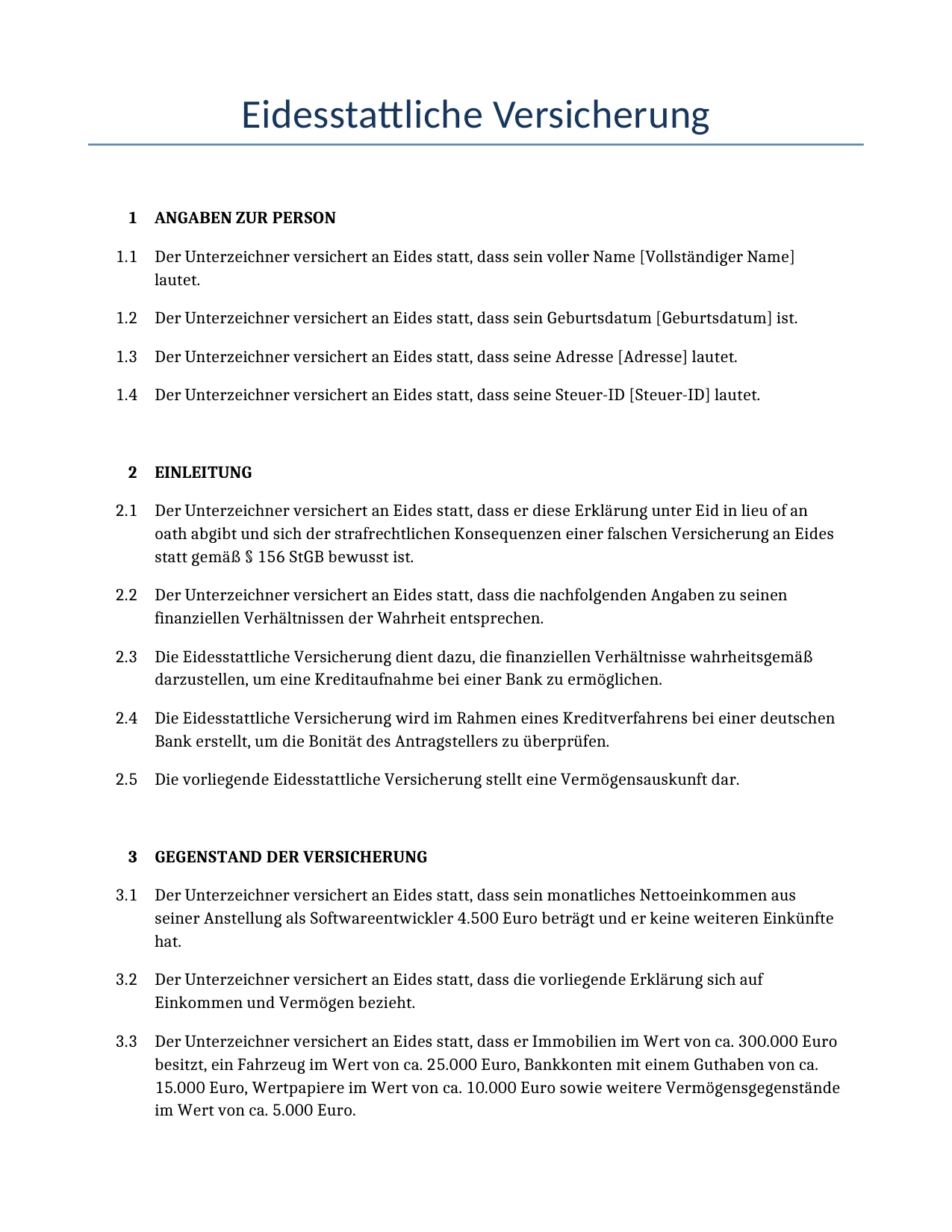 Beispiel für einen Eidesstattliche Versicherung zur Verwendung in Deutschland, generiert von unserem KI-Modell.
