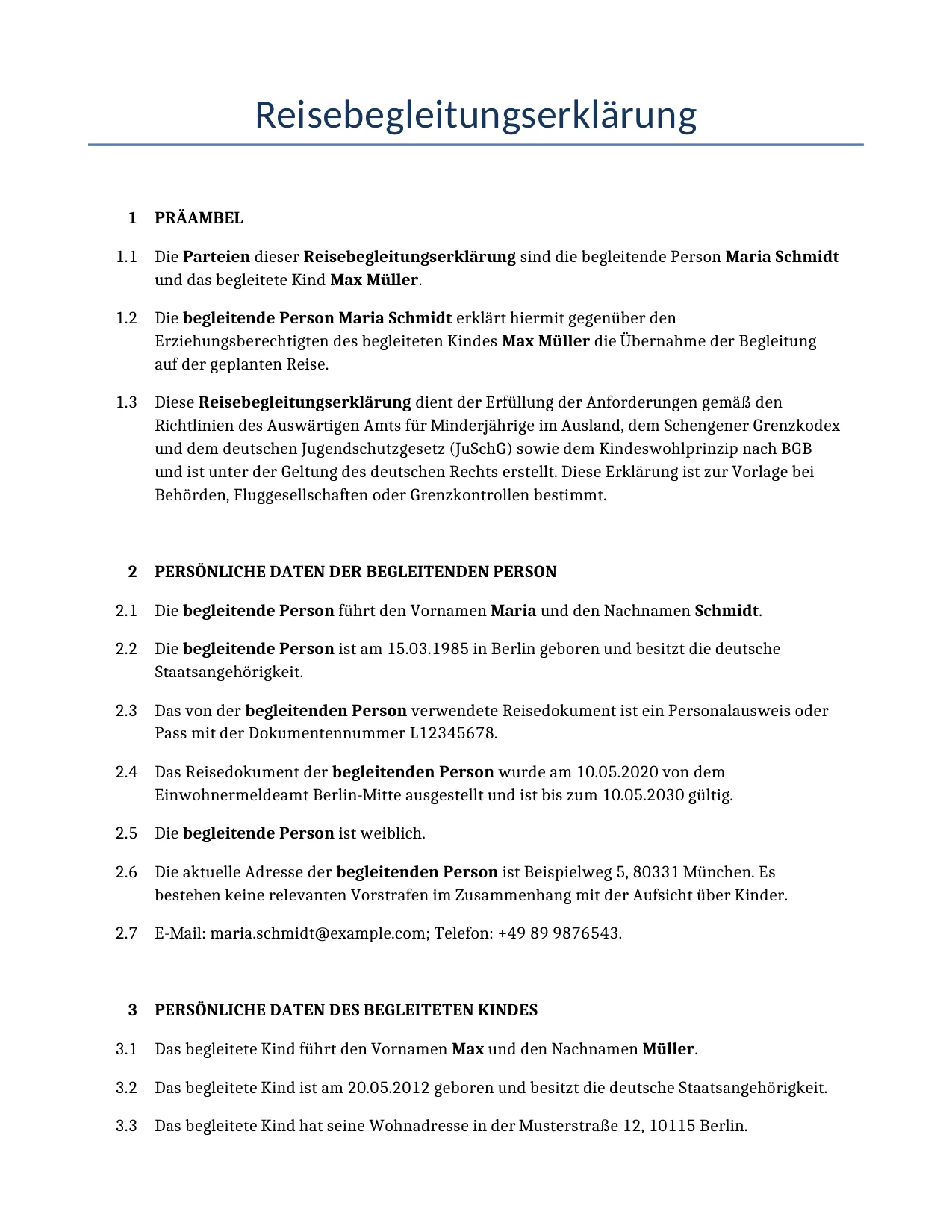 Beispiel für einen Reisebegleitungserklärung zur Verwendung in Deutschland, generiert von unserem KI-Modell.