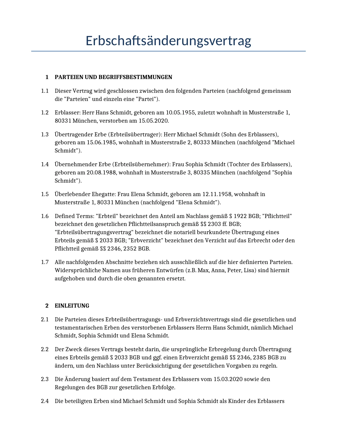 Beispiel für einen Erbschaftsänderungsvertrag zur Verwendung in Deutschland, generiert von unserem KI-Modell.