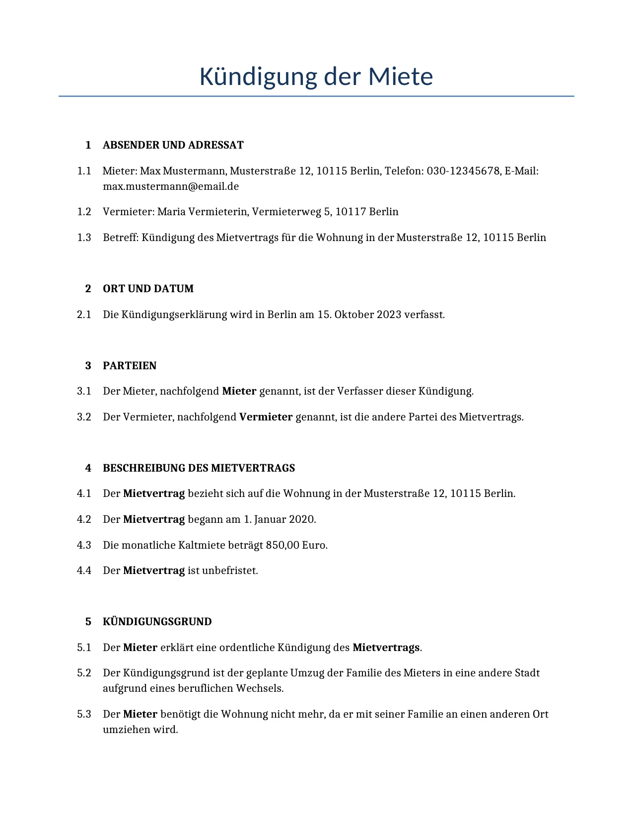 Beispiel für einen Kündigung der Miete zur Verwendung in Deutschland, generiert von unserem KI-Modell.