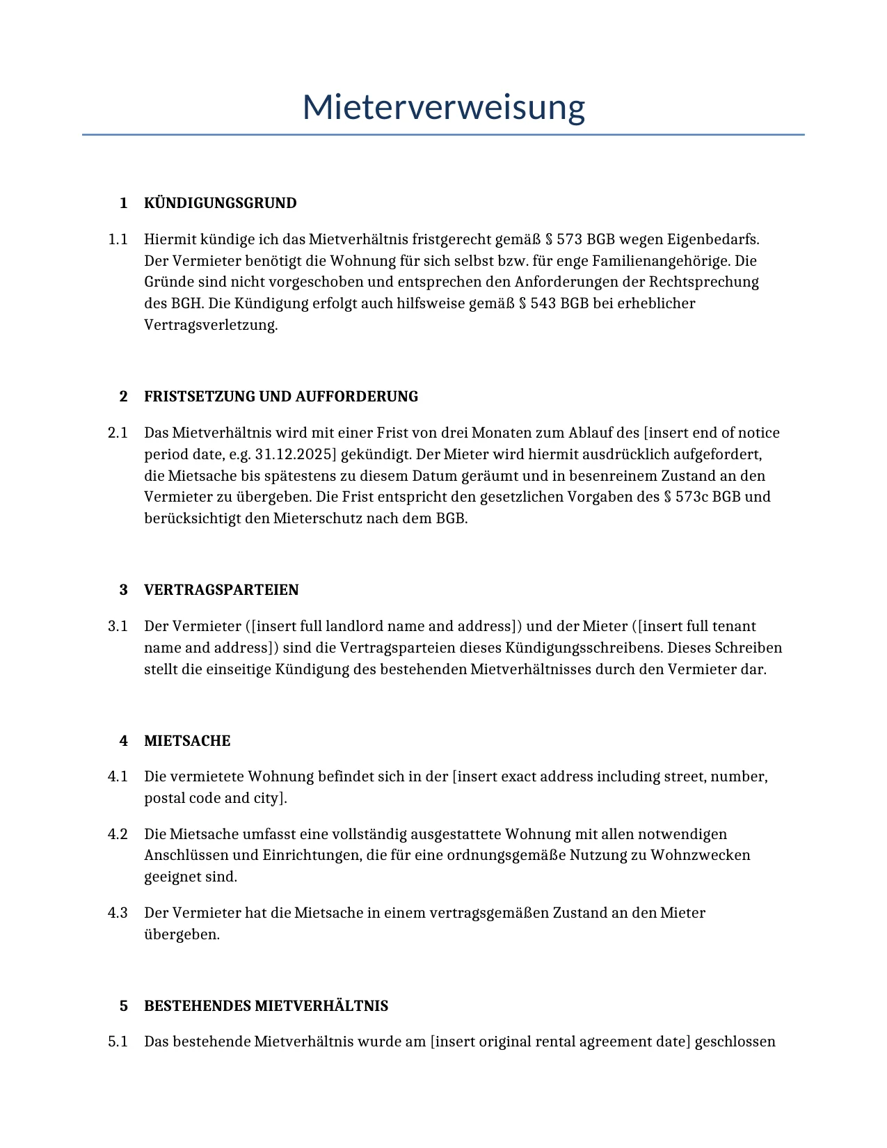 Beispiel für einen Mieterverweisung zur Verwendung in Deutschland, generiert von unserem KI-Modell.