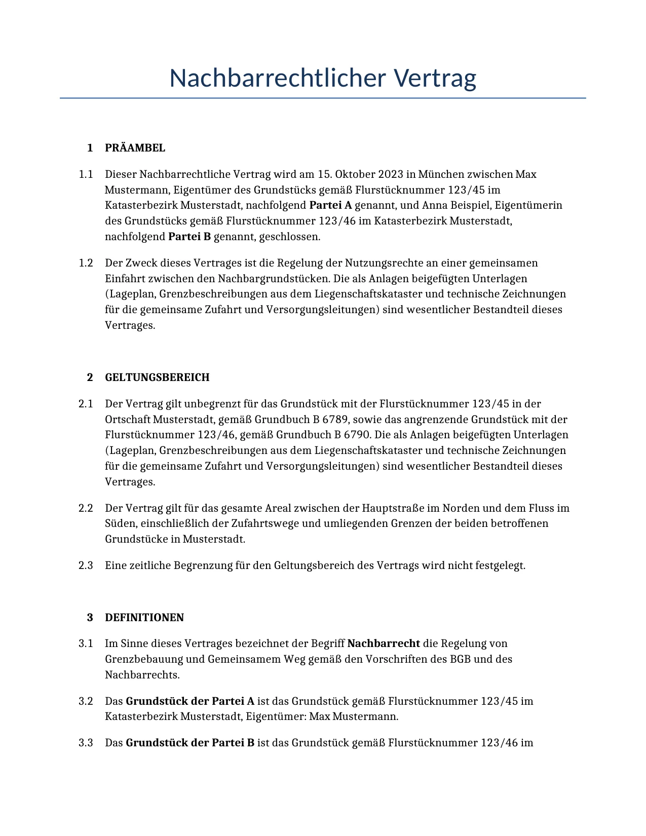 Beispiel für einen Nachbarrechtlicher Vertrag zur Verwendung in Deutschland, generiert von unserem KI-Modell.