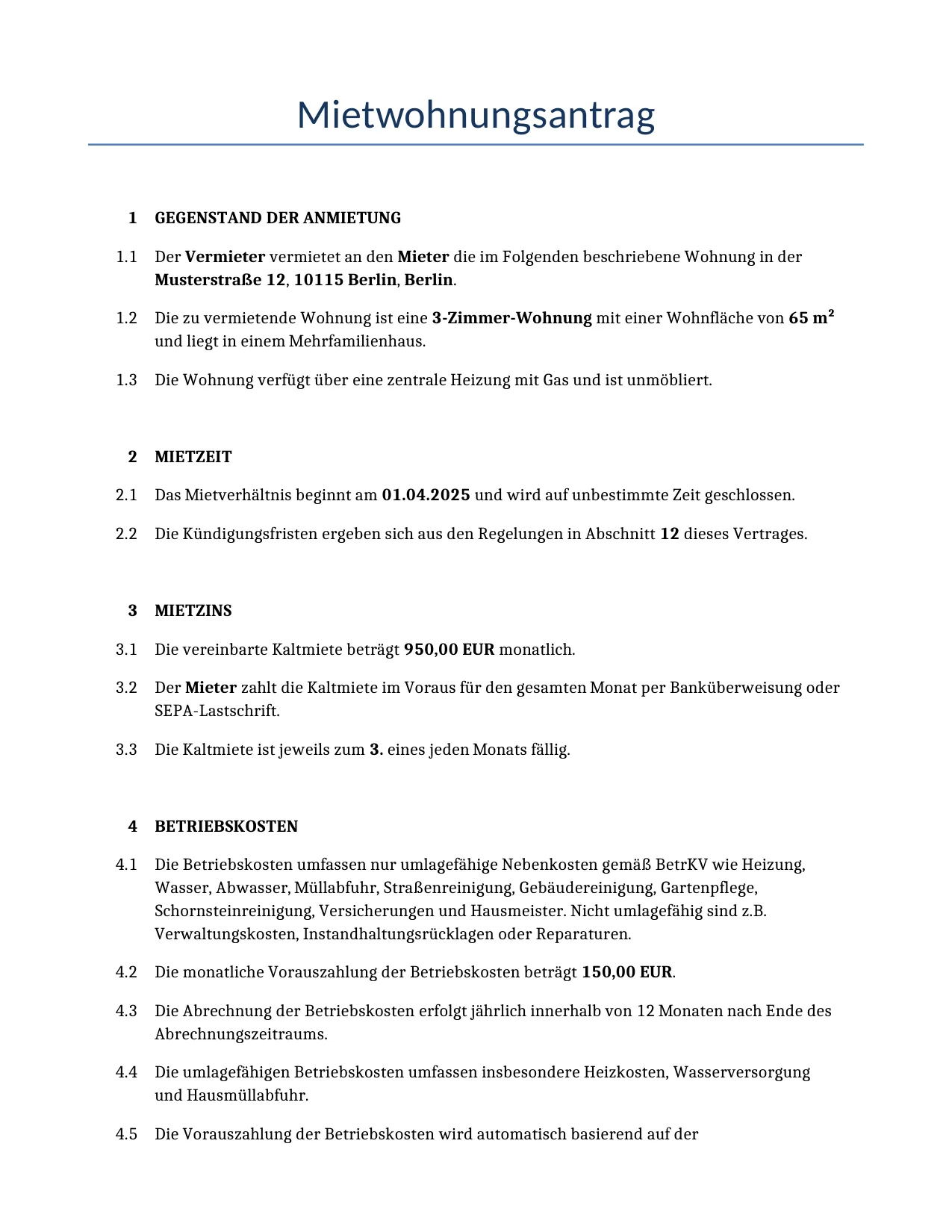 Beispiel für einen Mietwohnungsantrag zur Verwendung in Deutschland, generiert von unserem KI-Modell.