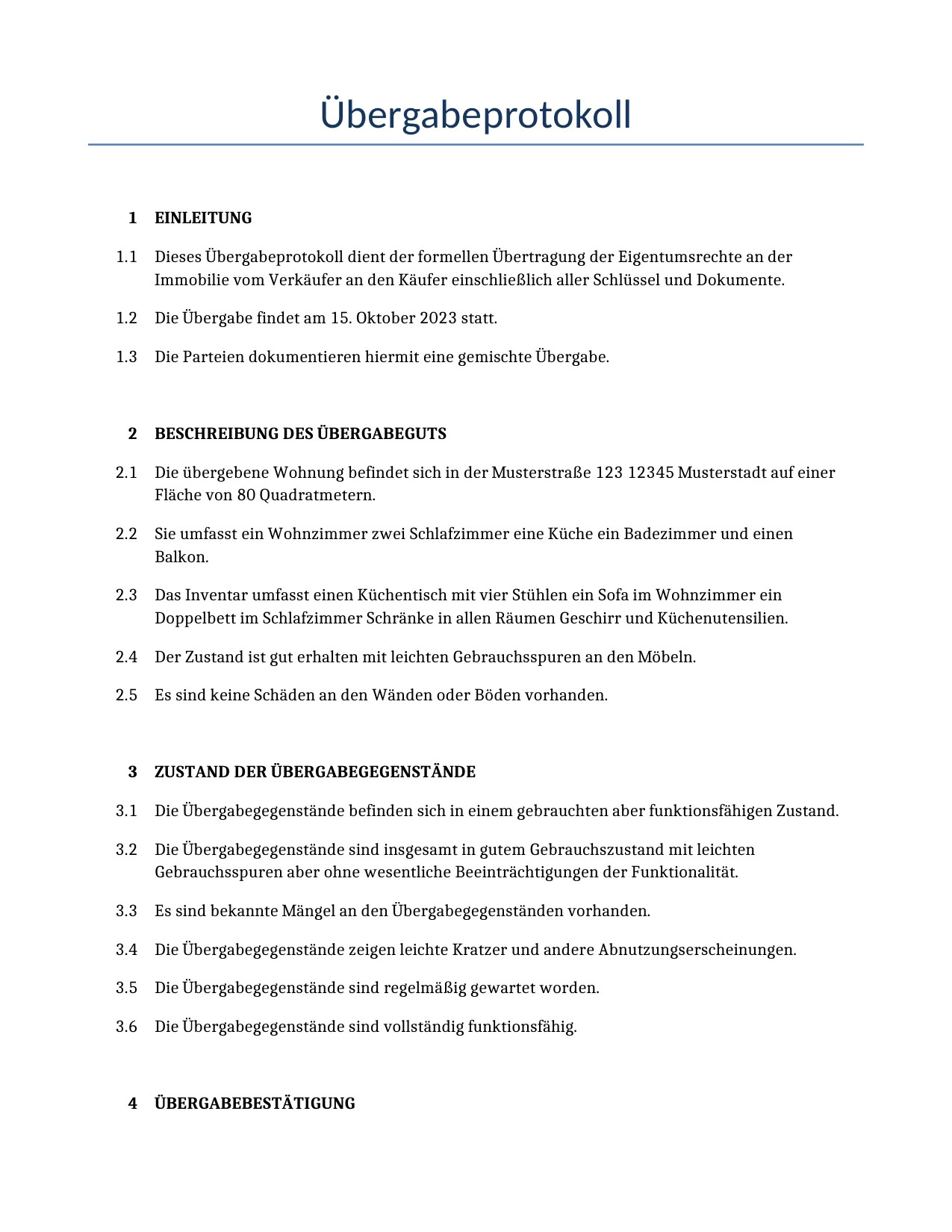 Beispiel für einen Übergabeprotokoll zur Verwendung in Deutschland, generiert von unserem KI-Modell.