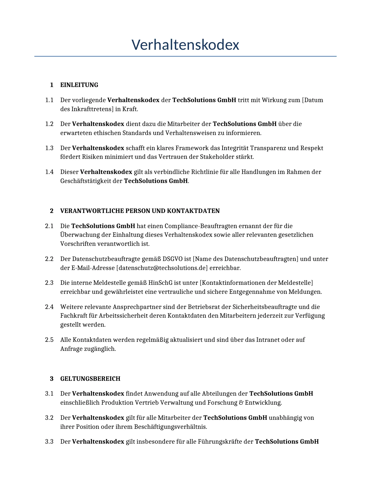 Beispiel für einen Verhaltenskodex zur Verwendung in Deutschland, generiert von unserem KI-Modell.