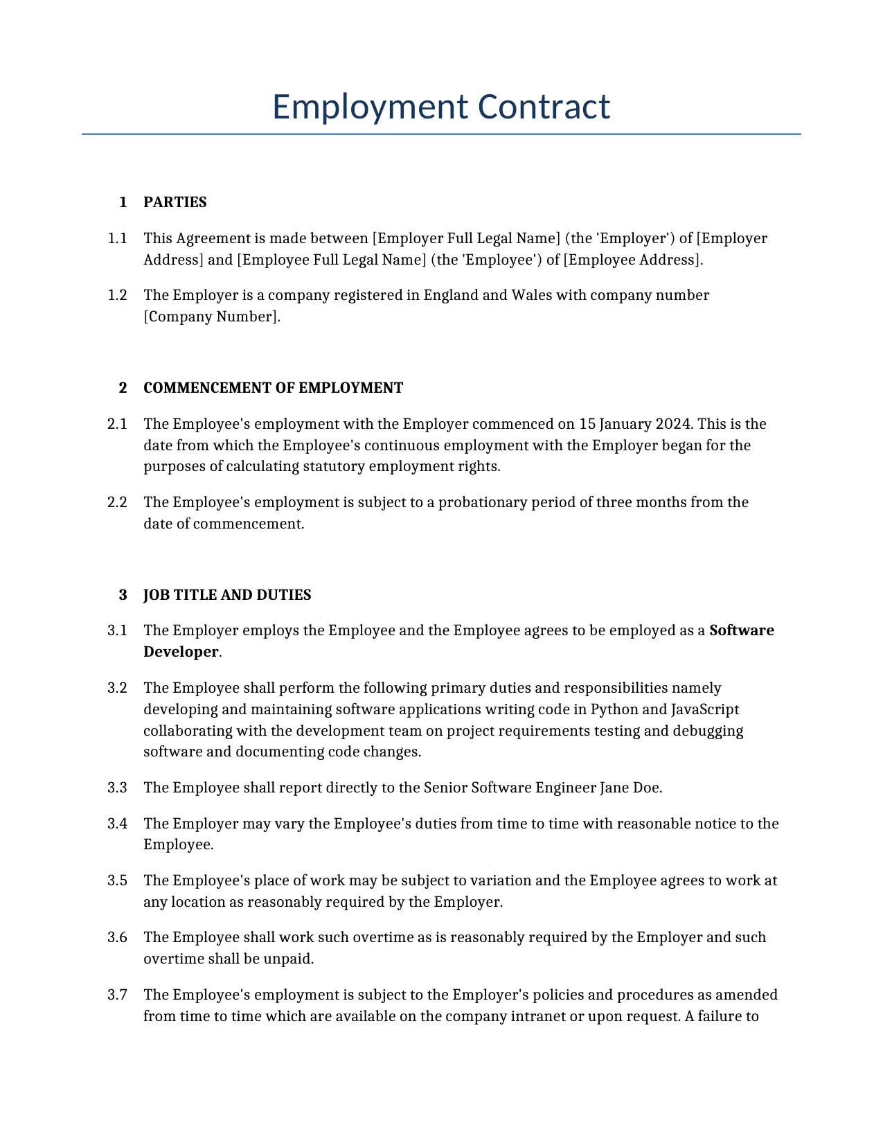 Example of a Employment Contract for use in the United Kingdom</b> generated by our AI model. 