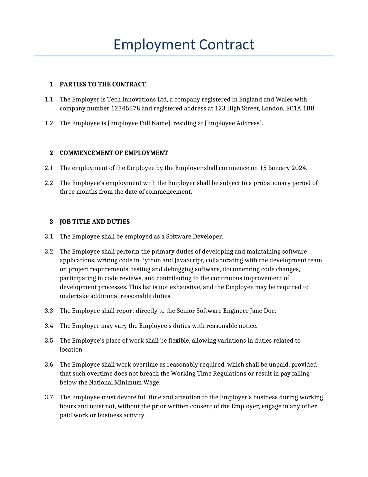 Example of a Employment Contract for use in the United Kingdom</b> generated by our AI model. 