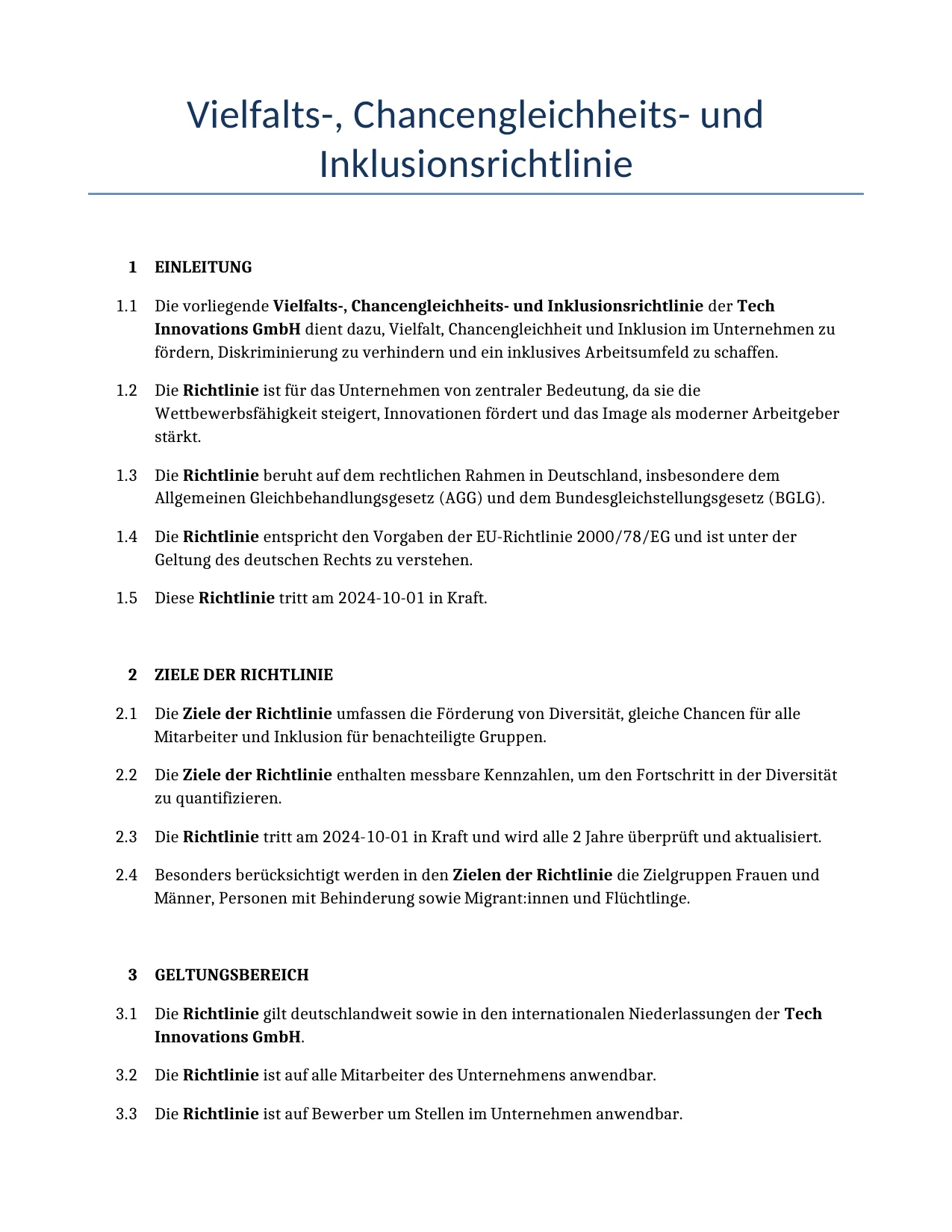 Beispiel für einen Vielfalts-, Chancengleichheits- und Inklusionsrichtlinie zur Verwendung in Deutschland, generiert von unserem KI-Modell.
