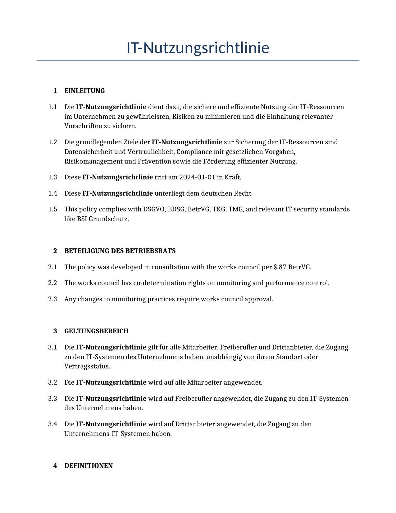 Beispiel für einen IT-Nutzungsrichtlinie zur Verwendung in Deutschland, generiert von unserem KI-Modell.