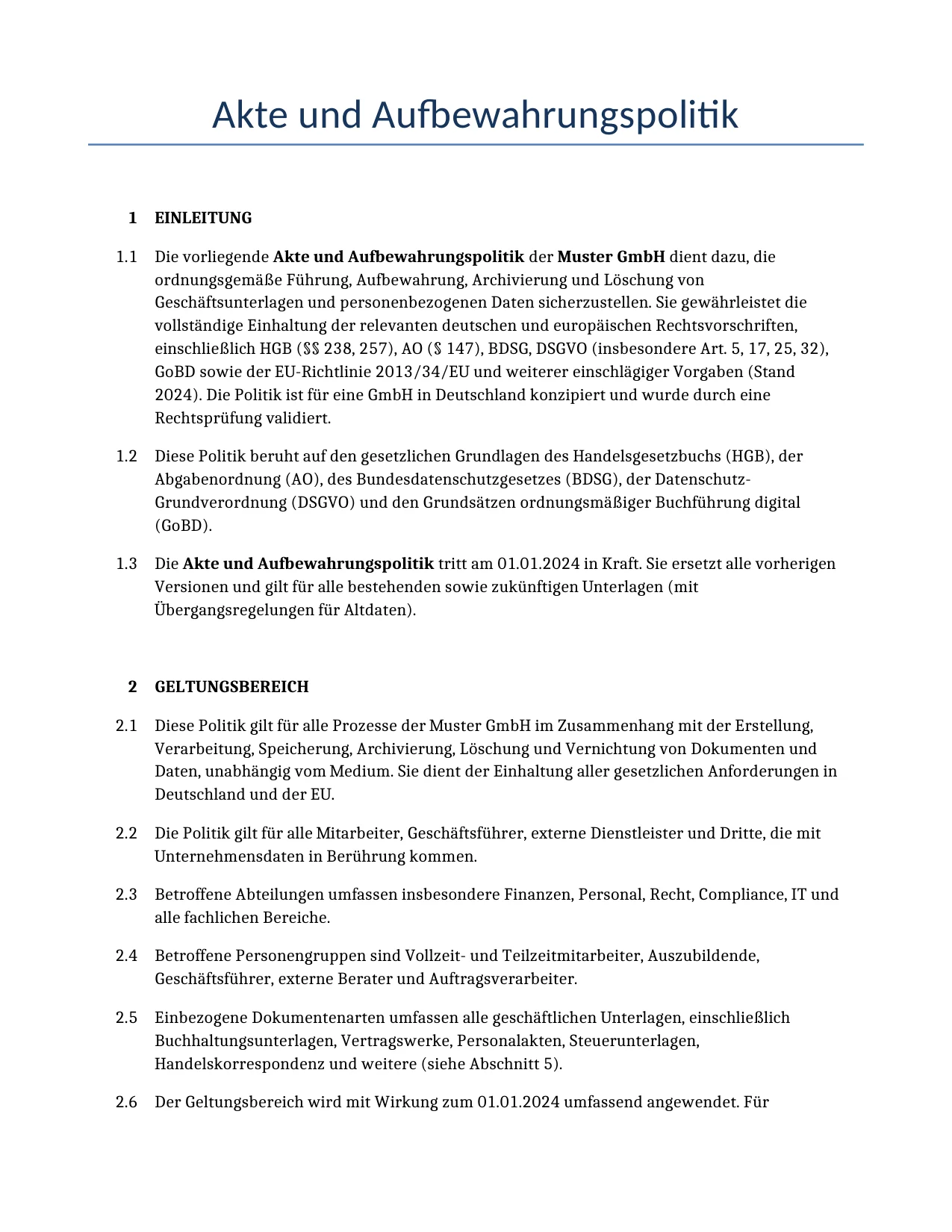 Beispiel für einen Akte und Aufbewahrungspolitik zur Verwendung in Deutschland, generiert von unserem KI-Modell.