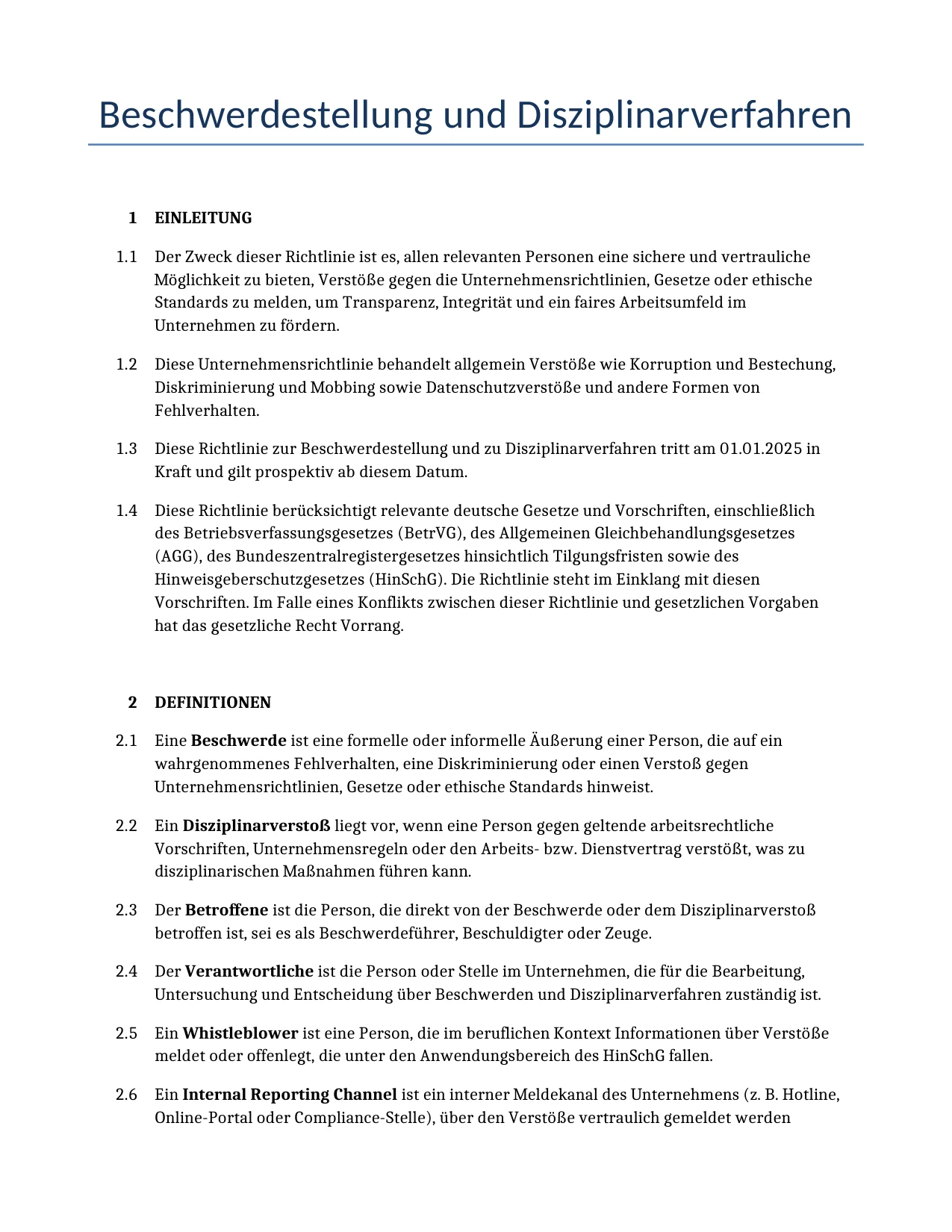 Beispiel für einen Beschwerdestellung und Disziplinarverfahren zur Verwendung in Deutschland, generiert von unserem KI-Modell.