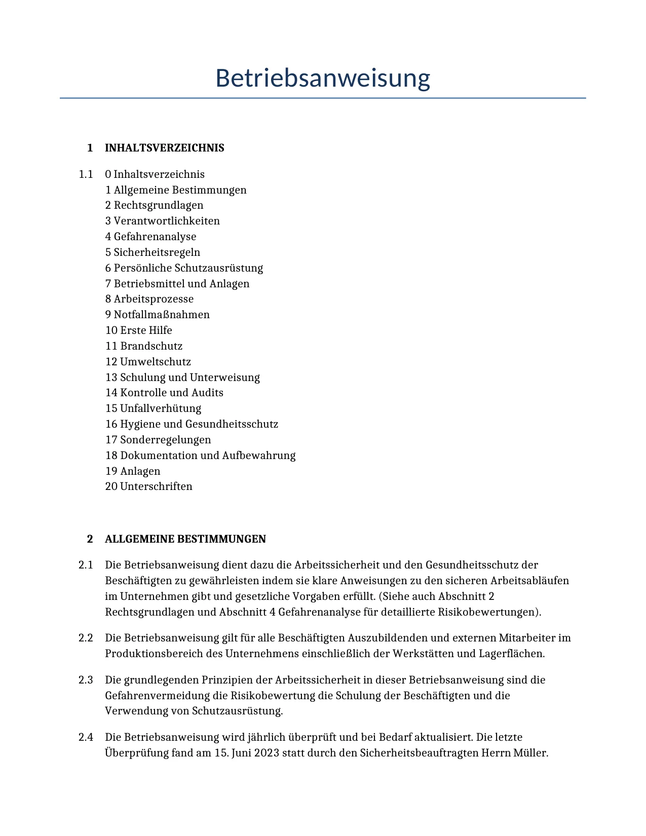Beispiel für einen Betriebsanweisung zur Verwendung in Deutschland, generiert von unserem KI-Modell.
