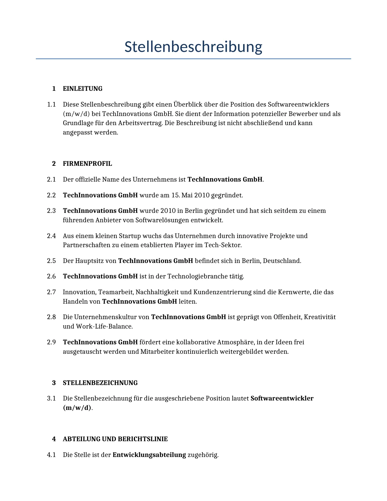 Beispiel für einen Stellenbeschreibung zur Verwendung in Deutschland, generiert von unserem KI-Modell.