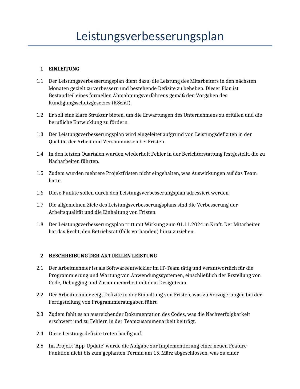 Beispiel für einen Leistungsverbesserungsplan zur Verwendung in Deutschland, generiert von unserem KI-Modell.