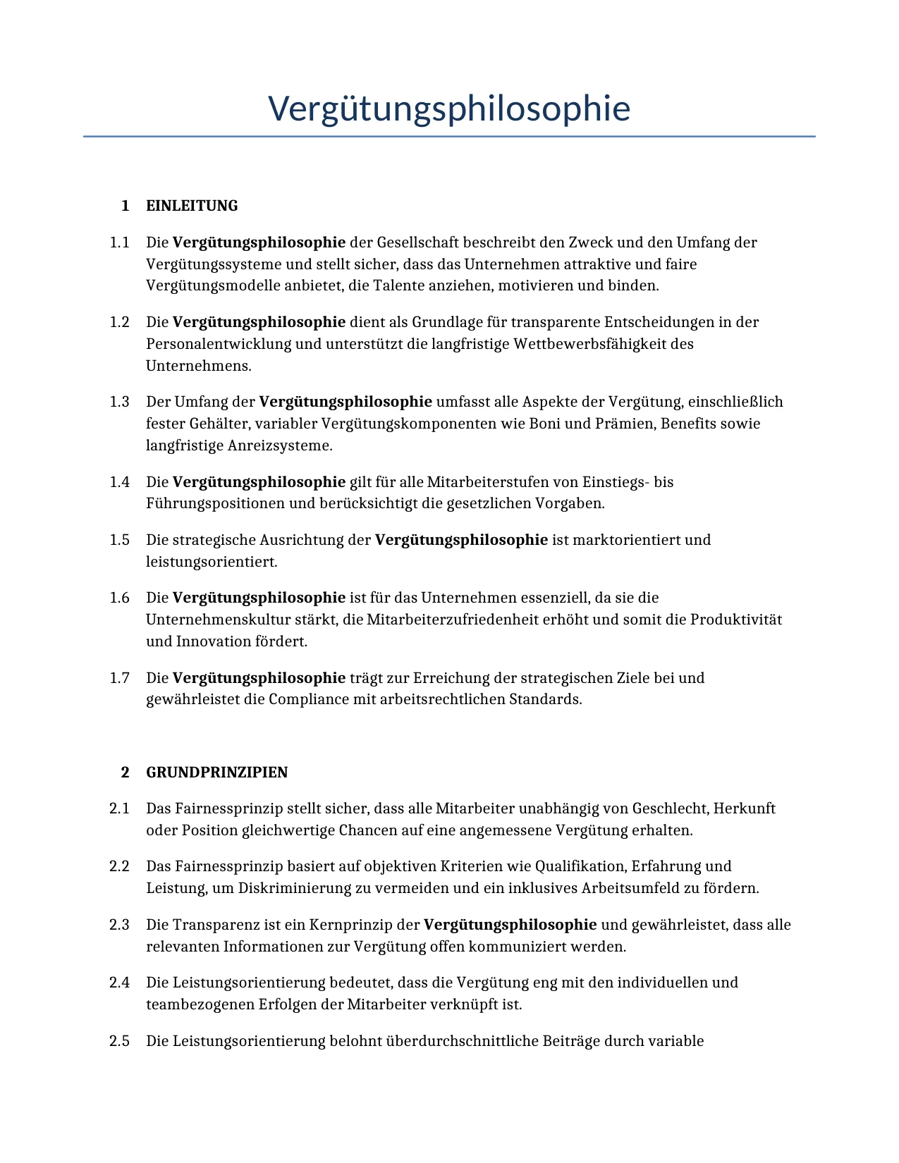 Beispiel für einen Vergütungsphilosophie zur Verwendung in Deutschland, generiert von unserem KI-Modell.