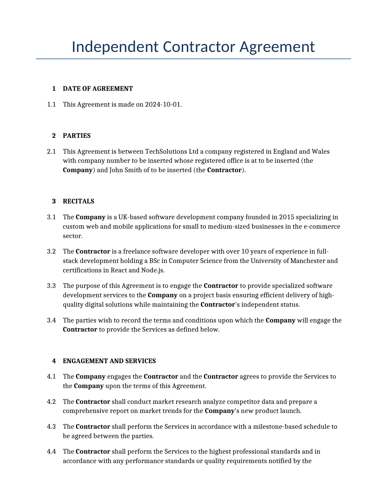 Example of a Independent Contractor Agreement for use in the United Kingdom</b> generated by our AI model. 