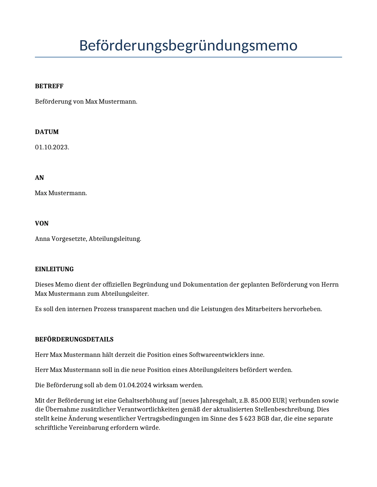 Beispiel für einen Beförderungsbegründungsmemo zur Verwendung in Deutschland, generiert von unserem KI-Modell.