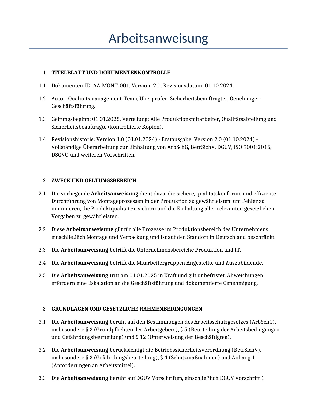 Beispiel für einen Arbeitsanweisung zur Verwendung in Deutschland, generiert von unserem KI-Modell.