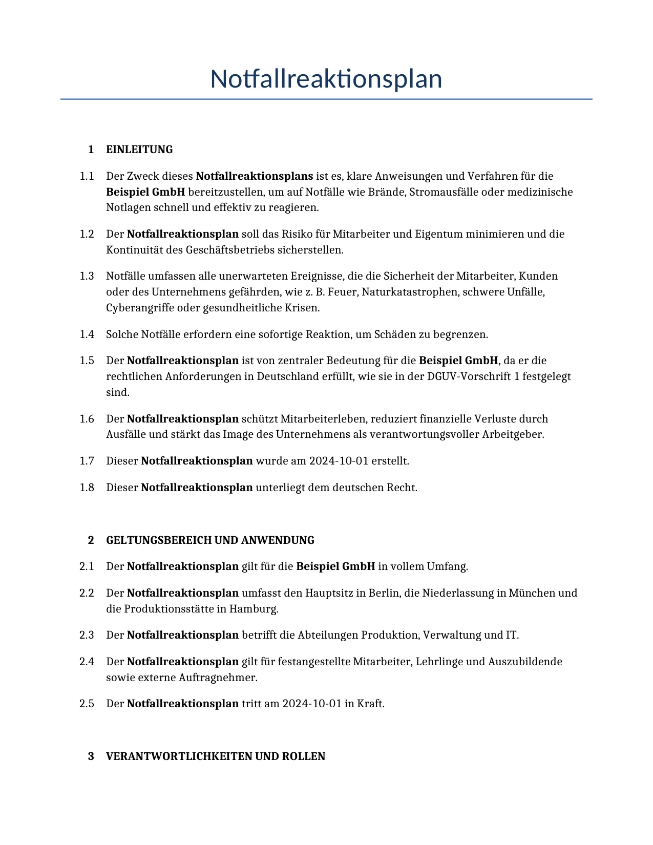 Beispiel für einen Notfallreaktionsplan zur Verwendung in Deutschland, generiert von unserem KI-Modell.