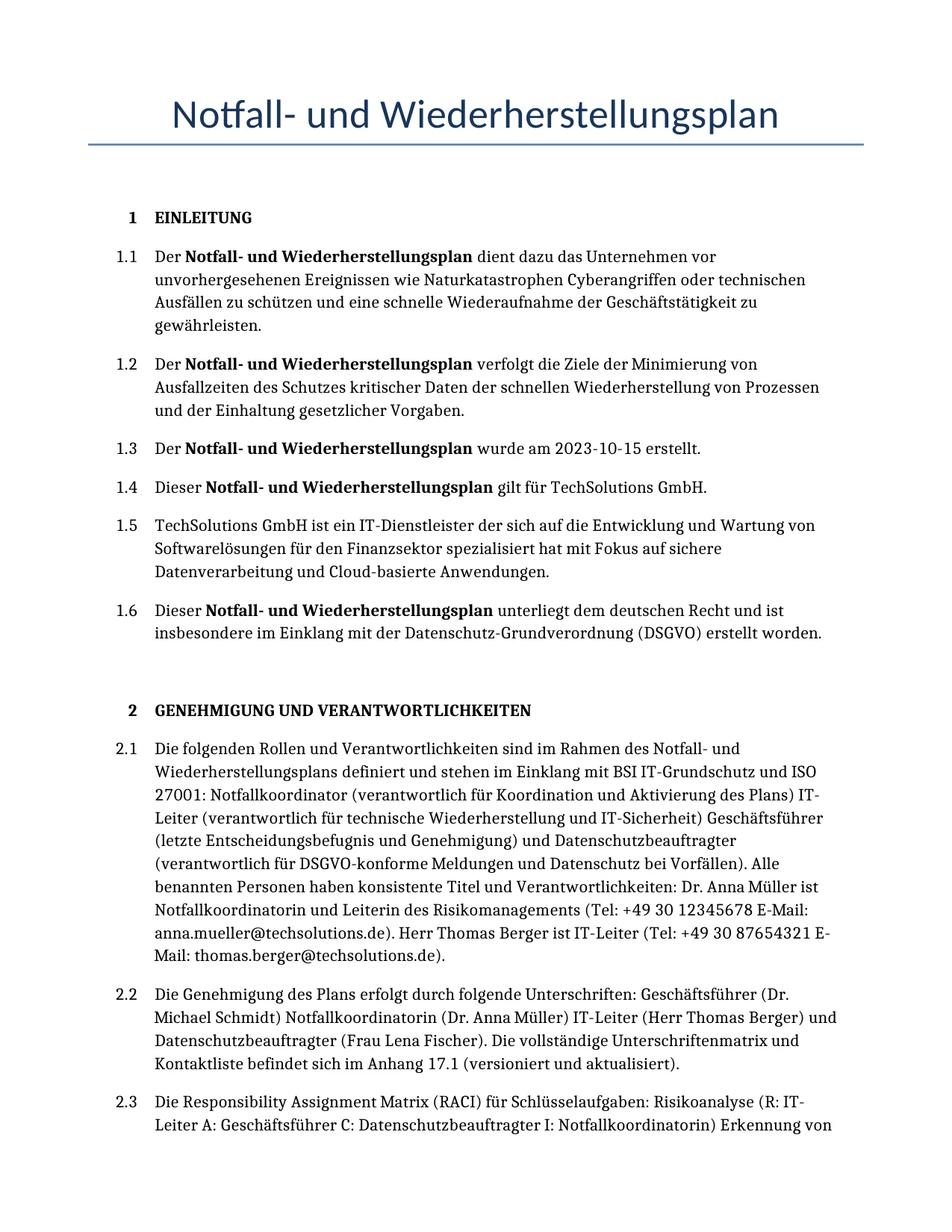 Beispiel für einen Notfall- und Wiederherstellungsplan zur Verwendung in Deutschland, generiert von unserem KI-Modell.