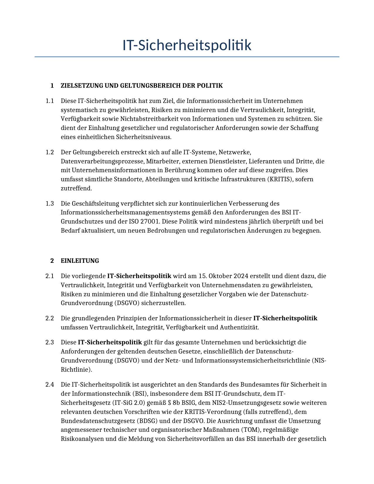 Beispiel für einen IT-Sicherheitspolitik zur Verwendung in Deutschland, generiert von unserem KI-Modell.